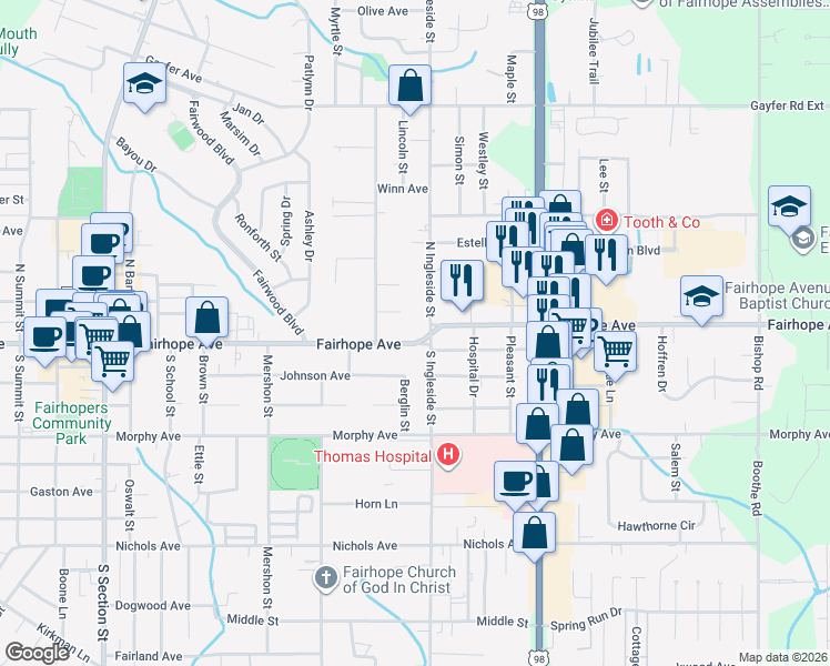 map of restaurants, bars, coffee shops, grocery stores, and more near 715 Fairhope Ave in Fairhope