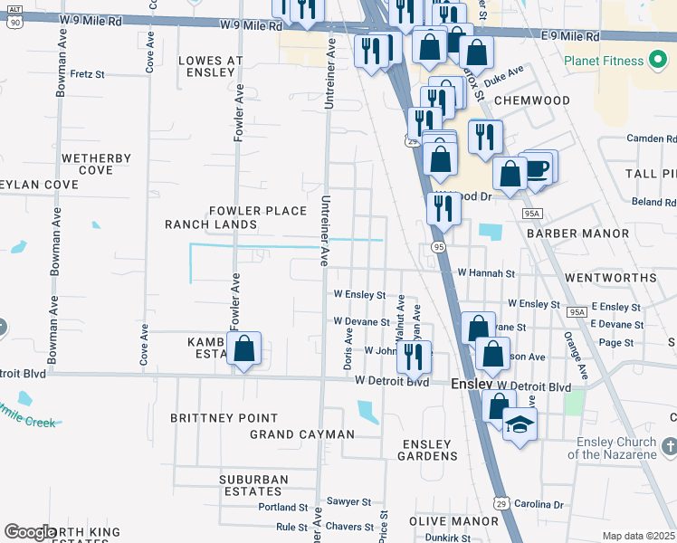 map of restaurants, bars, coffee shops, grocery stores, and more near 709A West Hannah Street in Pensacola