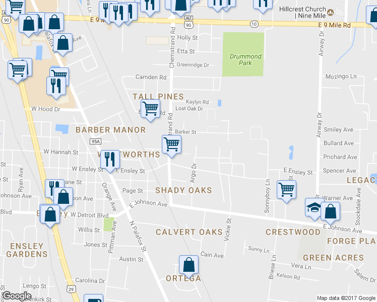 map of restaurants, bars, coffee shops, grocery stores, and more near 116 Sabrina Drive in Pensacola