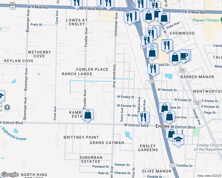 map of restaurants, bars, coffee shops, grocery stores, and more near 8611 Untreiner Avenue in Pensacola