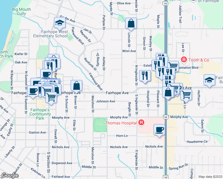 map of restaurants, bars, coffee shops, grocery stores, and more near 655 Fairhope Avenue in Fairhope