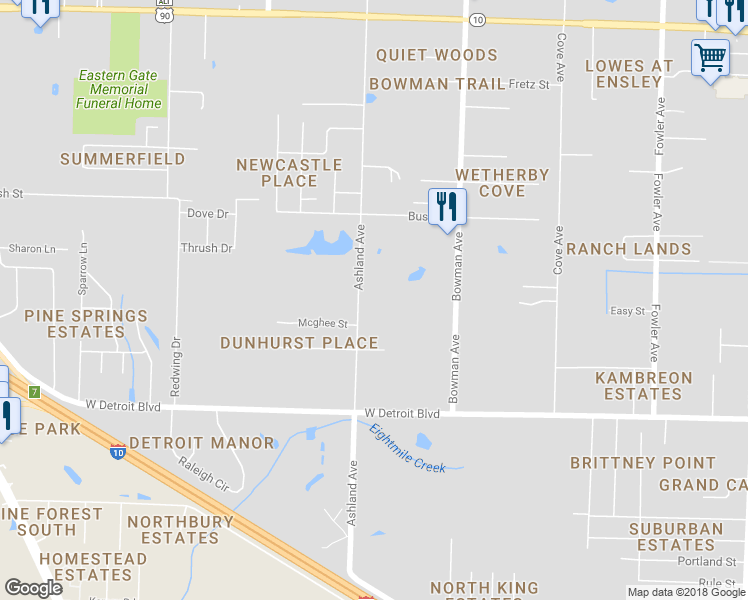 map of restaurants, bars, coffee shops, grocery stores, and more near 8590 Ashland Avenue in Pensacola