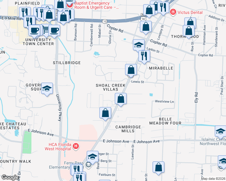 map of restaurants, bars, coffee shops, grocery stores, and more near 8877 Shoal Creek Court in Pensacola
