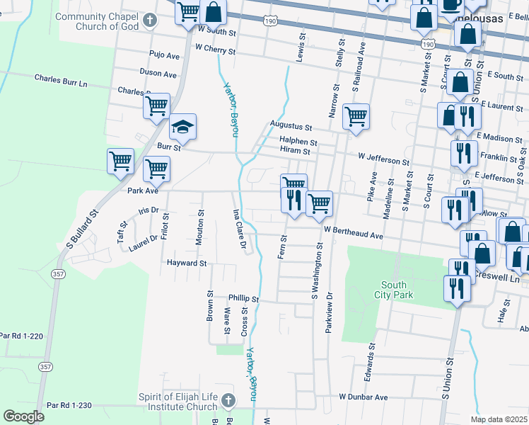 map of restaurants, bars, coffee shops, grocery stores, and more near 745 Hall Street in Opelousas