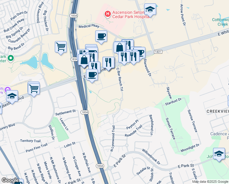 map of restaurants, bars, coffee shops, grocery stores, and more near 801 C-Bar Ranch Trail in Cedar Park