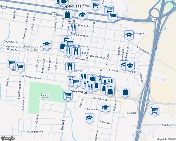 map of restaurants, bars, coffee shops, grocery stores, and more near 1121 Edith St in Opelousas