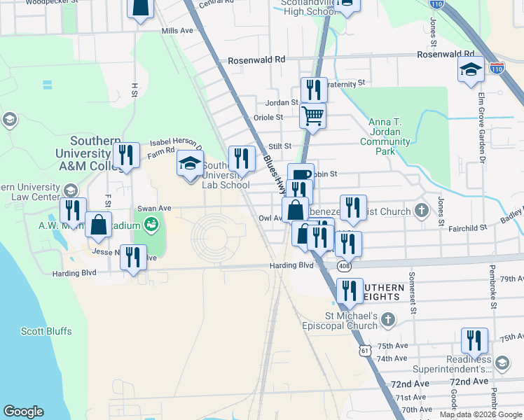 map of restaurants, bars, coffee shops, grocery stores, and more near 1134 Swan Avenue in Baton Rouge