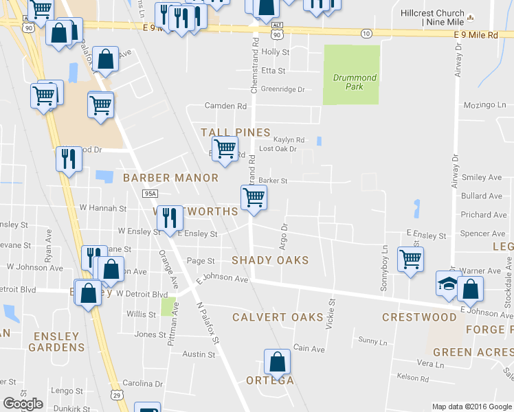 map of restaurants, bars, coffee shops, grocery stores, and more near 8710 Chemstrand Road in Pensacola