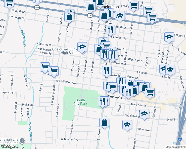 map of restaurants, bars, coffee shops, grocery stores, and more near 1109 South Court Street in Opelousas