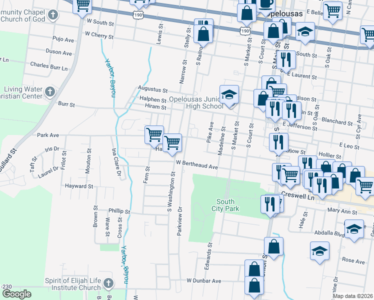 map of restaurants, bars, coffee shops, grocery stores, and more near 1203 South Railroad Avenue in Opelousas