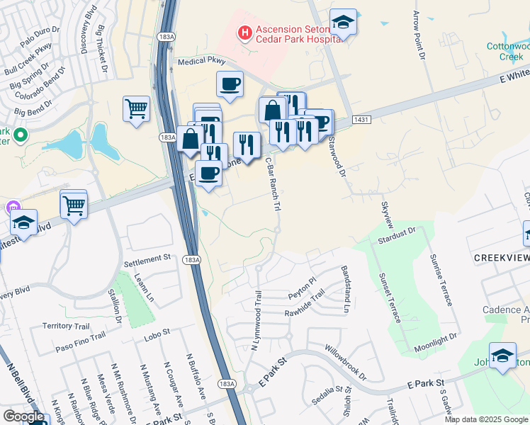 map of restaurants, bars, coffee shops, grocery stores, and more near 801 C-Bar Ranch Trail in Cedar Park