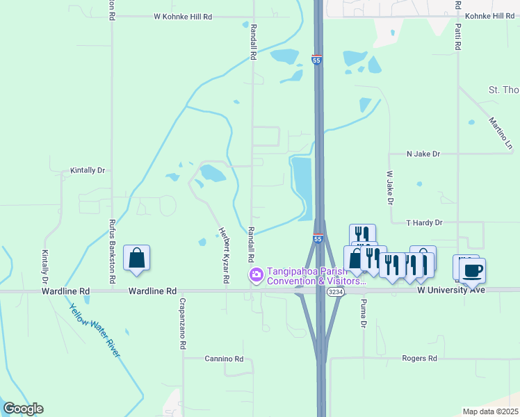map of restaurants, bars, coffee shops, grocery stores, and more near 46160 Randall Road in Hammond