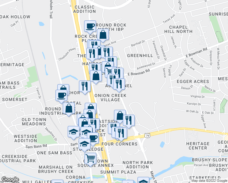 map of restaurants, bars, coffee shops, grocery stores, and more near 1708 North Mays Street in Round Rock