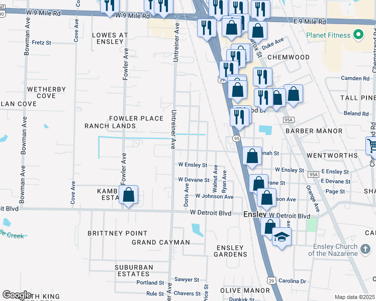map of restaurants, bars, coffee shops, grocery stores, and more near 709A West Hannah Street in Pensacola