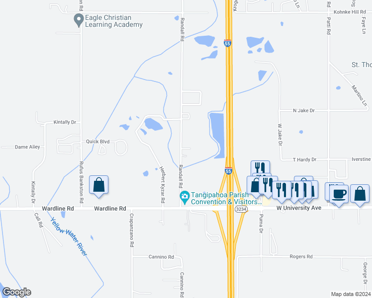 map of restaurants, bars, coffee shops, grocery stores, and more near 46160 Randall Road in Hammond
