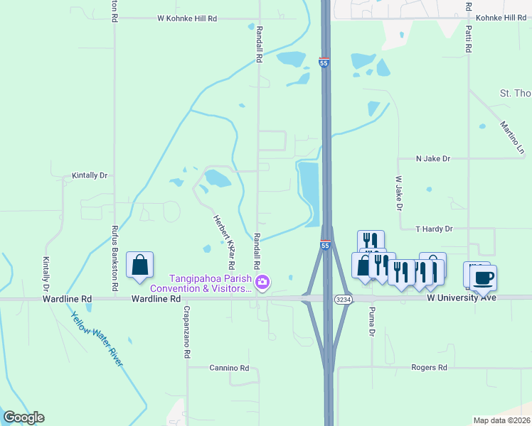 map of restaurants, bars, coffee shops, grocery stores, and more near 46160 Randall Road in Hammond