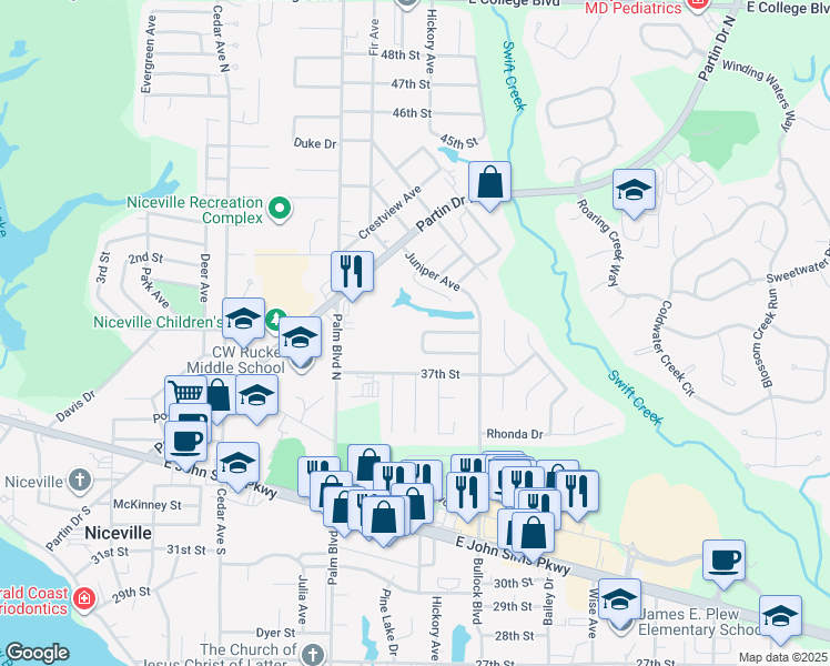 map of restaurants, bars, coffee shops, grocery stores, and more near 241 Honeysuckle Way in Niceville