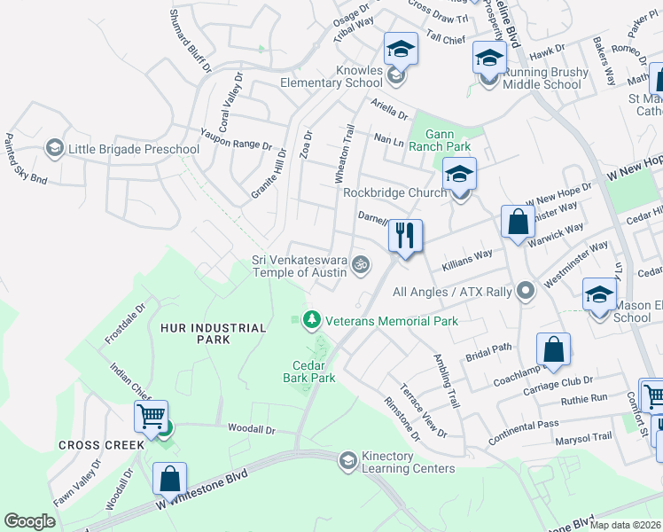 map of restaurants, bars, coffee shops, grocery stores, and more near 2500 Nightshade Drive in Cedar Park