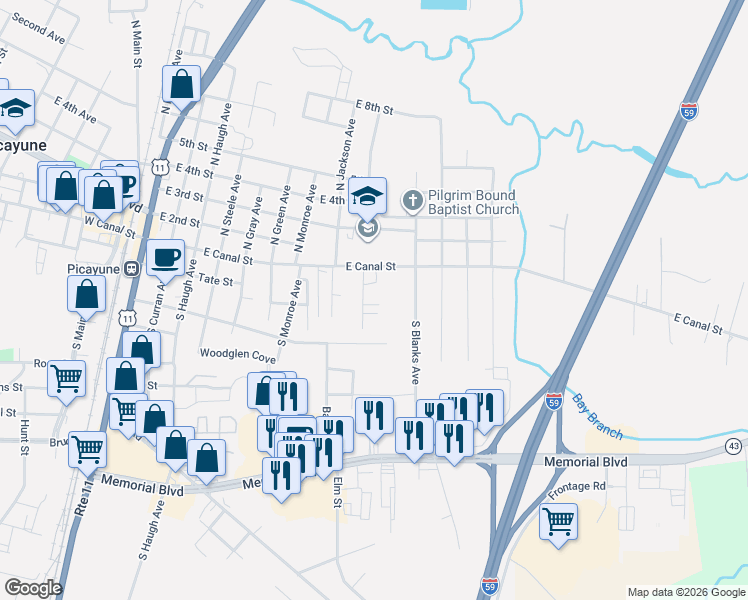 map of restaurants, bars, coffee shops, grocery stores, and more near 105 South Virginia Avenue in Picayune