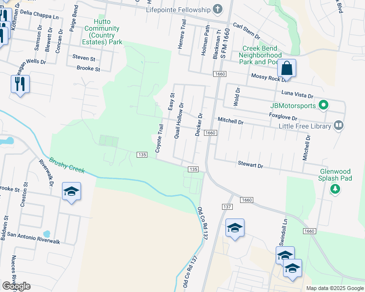 map of restaurants, bars, coffee shops, grocery stores, and more near 211 Madison Lane in Hutto