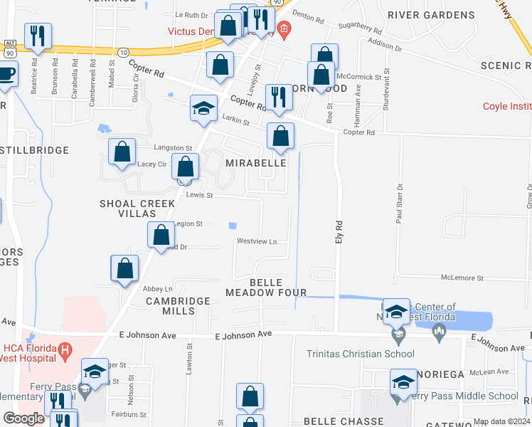 map of restaurants, bars, coffee shops, grocery stores, and more near 8902 Lewis Street in Pensacola