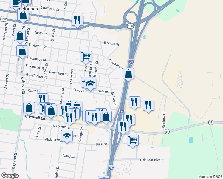 map of restaurants, bars, coffee shops, grocery stores, and more near 1400 Short Street in Opelousas
