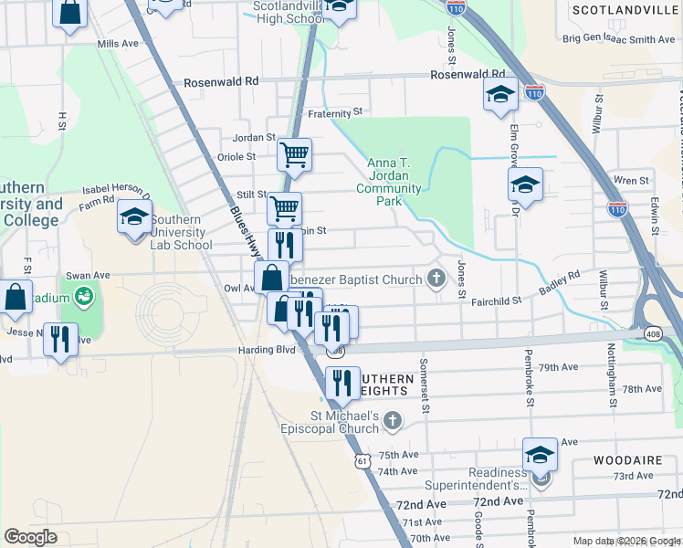 map of restaurants, bars, coffee shops, grocery stores, and more near 1552 Swan Avenue in Baton Rouge