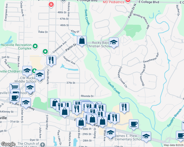 map of restaurants, bars, coffee shops, grocery stores, and more near 591 Woodlow Road in Niceville