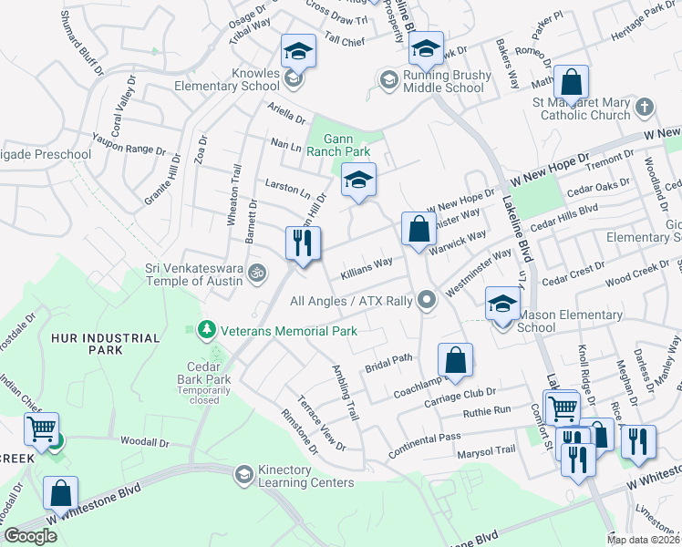 map of restaurants, bars, coffee shops, grocery stores, and more near 1801 Connors Cove in Cedar Park