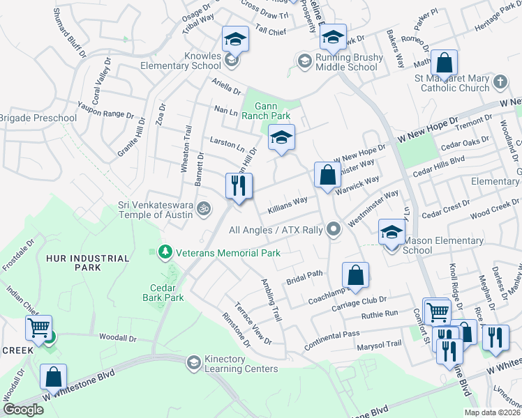 map of restaurants, bars, coffee shops, grocery stores, and more near 1801 Connors Cove in Cedar Park