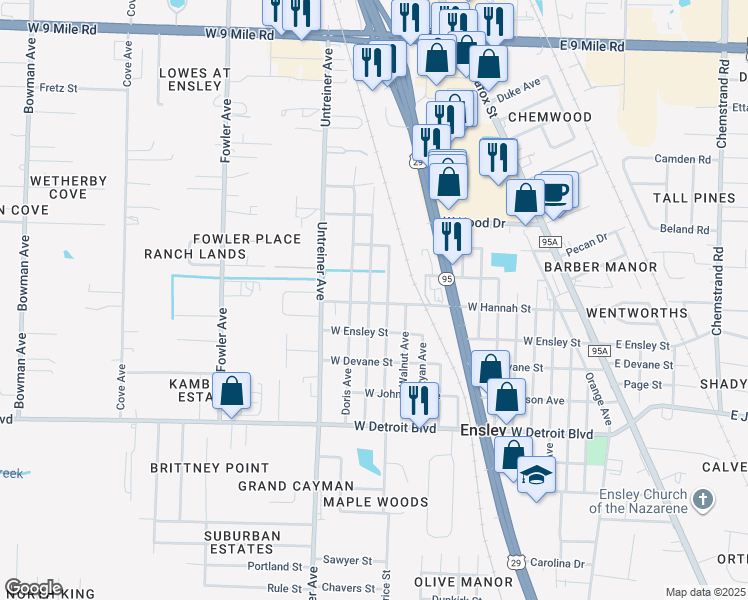map of restaurants, bars, coffee shops, grocery stores, and more near 8702 Figland Avenue in Pensacola
