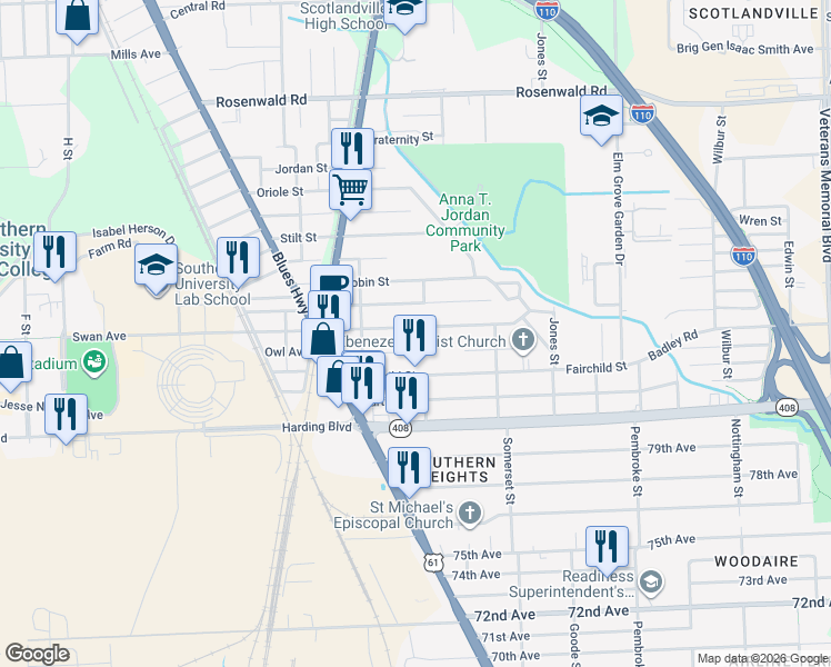 map of restaurants, bars, coffee shops, grocery stores, and more near 1552 Swan Avenue in Baton Rouge