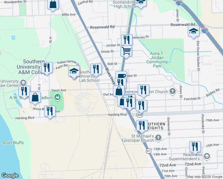 map of restaurants, bars, coffee shops, grocery stores, and more near 1134 Swan Avenue in Baton Rouge