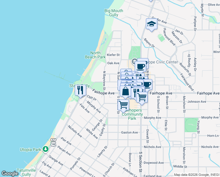 map of restaurants, bars, coffee shops, grocery stores, and more near 106 Genevieve Lane in Fairhope