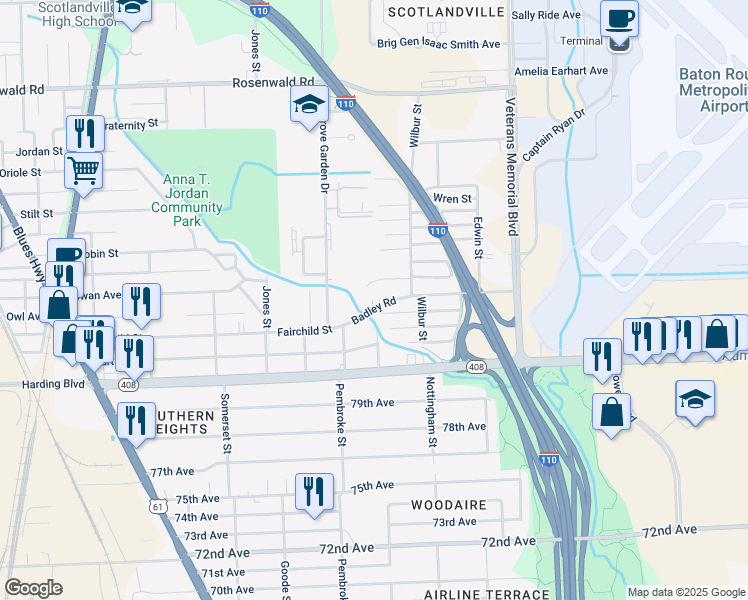 map of restaurants, bars, coffee shops, grocery stores, and more near 2499 Badley Road in Baton Rouge