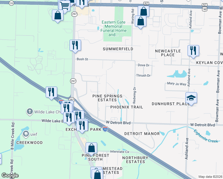 map of restaurants, bars, coffee shops, grocery stores, and more near 8633 Kingfisher Lane in Pensacola