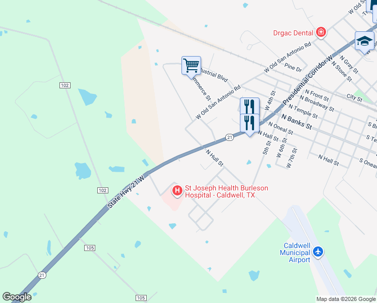 map of restaurants, bars, coffee shops, grocery stores, and more near 1806 State Highway 21 West in Caldwell