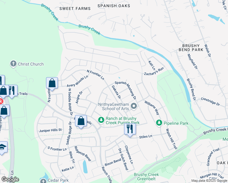 map of restaurants, bars, coffee shops, grocery stores, and more near 225 Dakota Drive in Cedar Park
