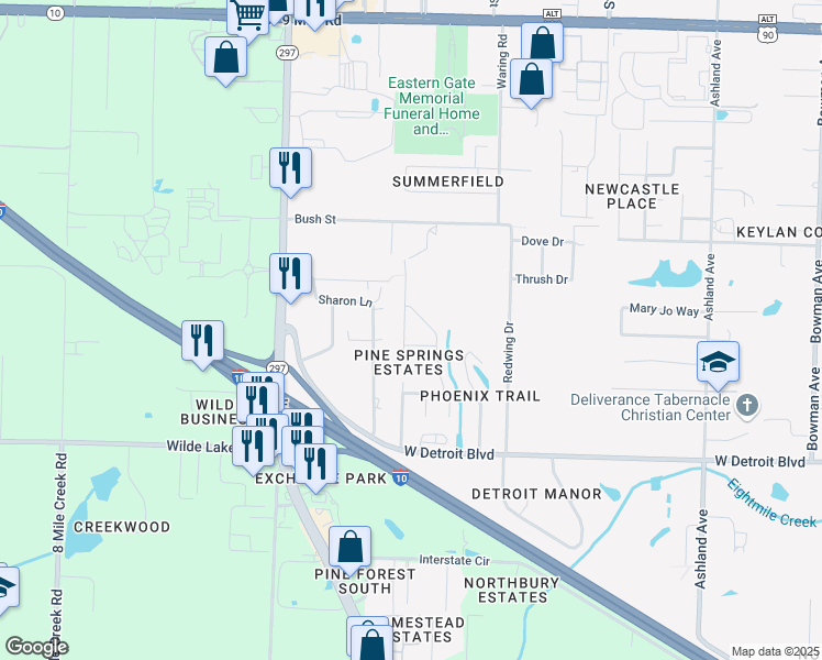 map of restaurants, bars, coffee shops, grocery stores, and more near 2248 Sparrow Lane in Pensacola