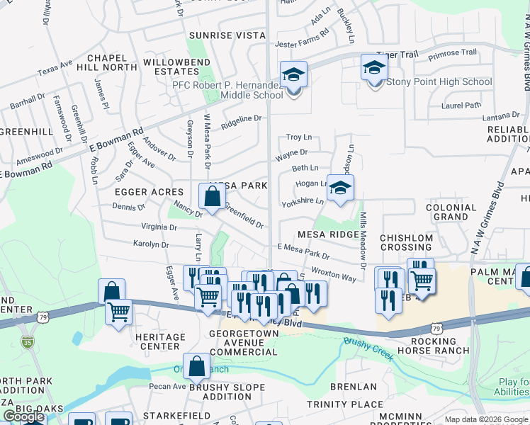 map of restaurants, bars, coffee shops, grocery stores, and more near 1500 Wildflower Drive in Round Rock