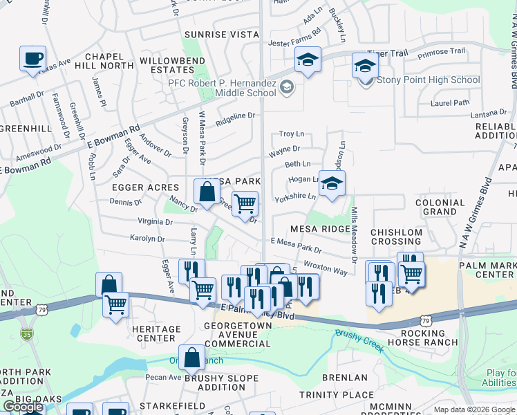 map of restaurants, bars, coffee shops, grocery stores, and more near 1500 Wildflower Drive in Round Rock