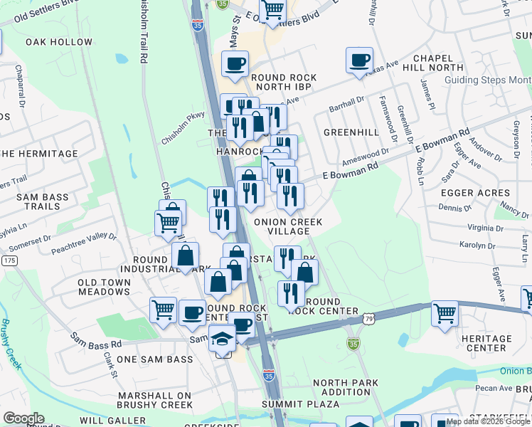 map of restaurants, bars, coffee shops, grocery stores, and more near 381 Creek Cove in Round Rock