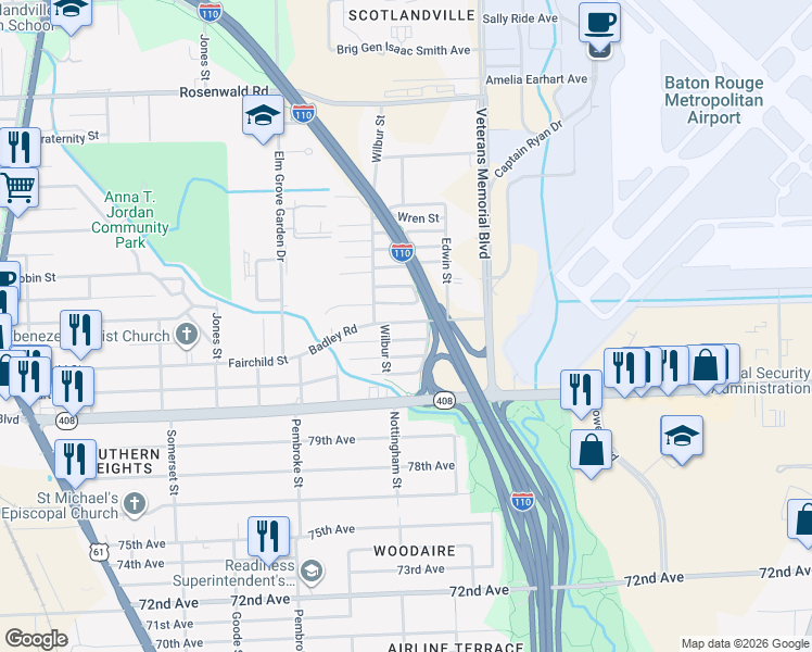 map of restaurants, bars, coffee shops, grocery stores, and more near 2761 Tanner Street in Baton Rouge