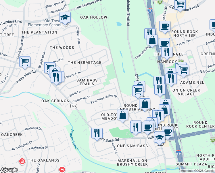 map of restaurants, bars, coffee shops, grocery stores, and more near 1400 Somerset Drive in Round Rock