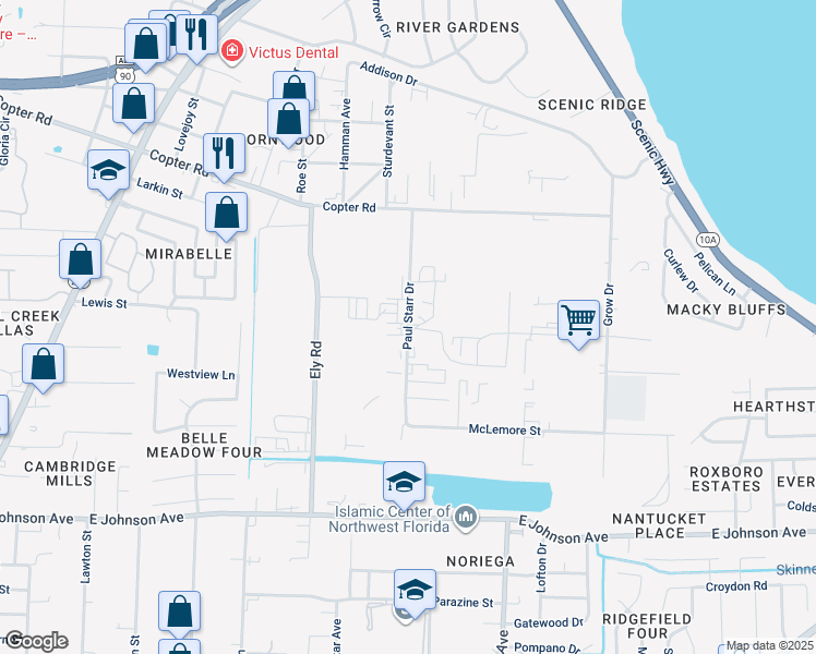 map of restaurants, bars, coffee shops, grocery stores, and more near 8820 Paul Starr Drive in Pensacola