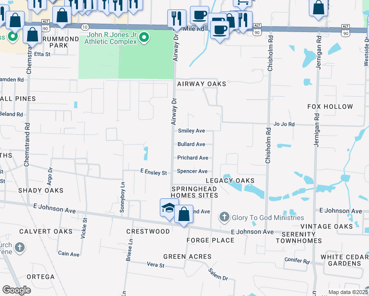 map of restaurants, bars, coffee shops, grocery stores, and more near 629 Bullard Avenue in Pensacola