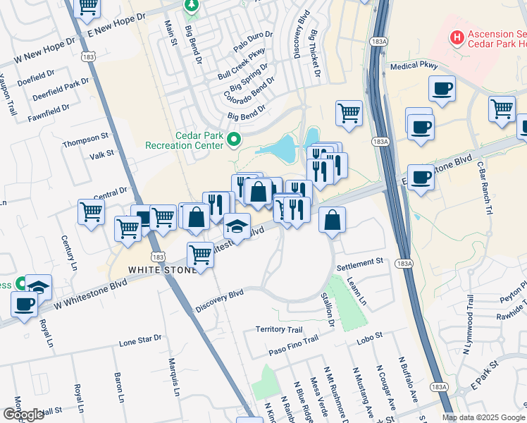 map of restaurants, bars, coffee shops, grocery stores, and more near in Cedar Park