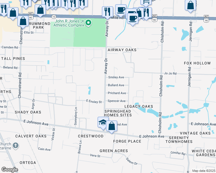 map of restaurants, bars, coffee shops, grocery stores, and more near 8700 Airway Drive in Pensacola