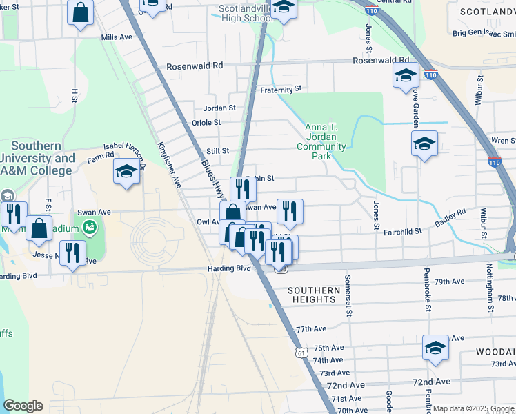 map of restaurants, bars, coffee shops, grocery stores, and more near 1401 Swan Avenue in Baton Rouge