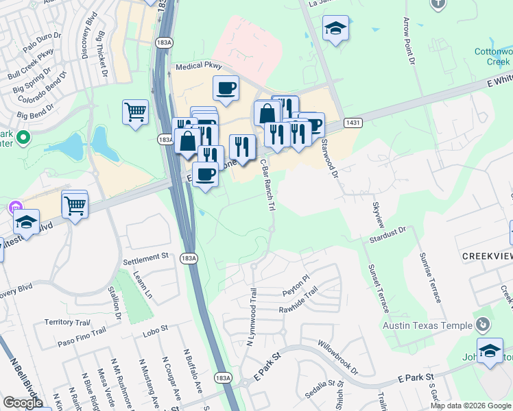 map of restaurants, bars, coffee shops, grocery stores, and more near 801 C-Bar Ranch Trail in Cedar Park